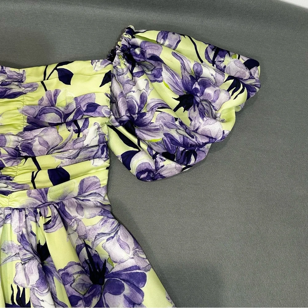 DELFI Purple Yellow Floral Puff Sleeve Sweetheart Mini Dress M Coquette Girl - Picture 7 of 11